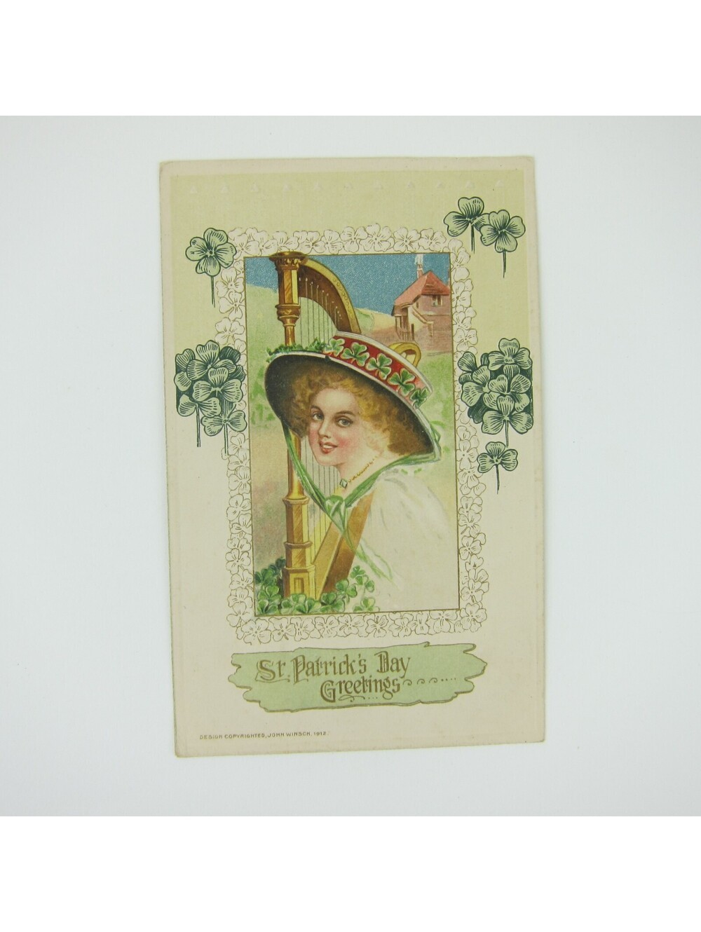 St. Patricks Day Postcard Woman Hat Gold Harp Shamrocks Winsch Antique 1914